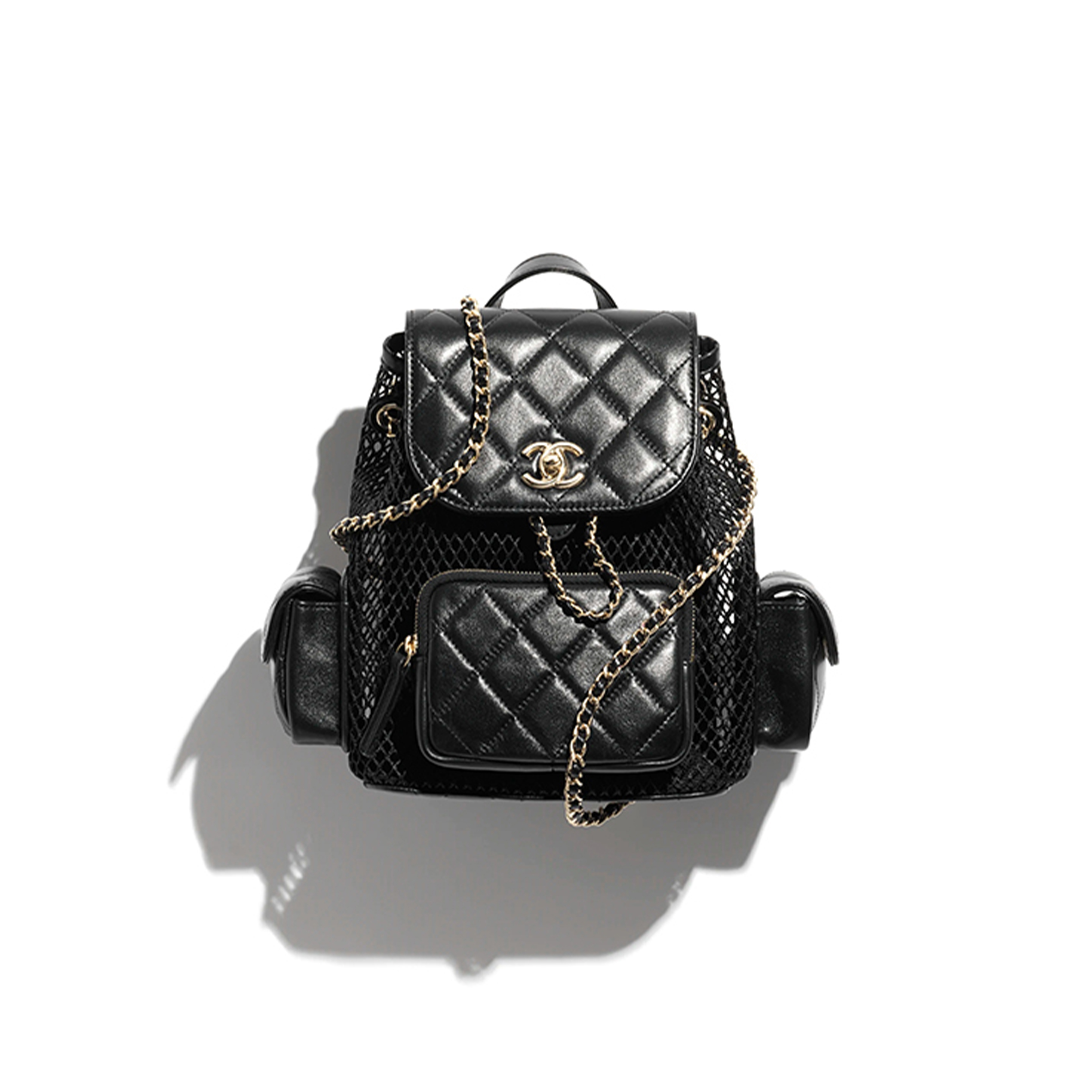 CHANE BACKPACK MESH, SHINY LAMBSKIN & GOLD-TONE METAL BLACK AS5484 (25*23*14cm)